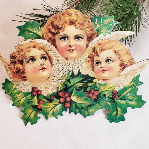 2 Shackman & Co Triple Angels Cardboard hanging Vintage Christmas Ornaments 1993 - Picture 10 of 11